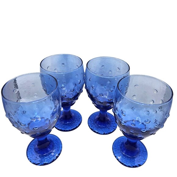 Libbey Hobnail Cobalt Blue Glass Goblets Set Of 4 Unique Textured Drinkware - Picture 2 of 12